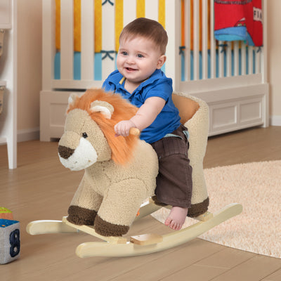 HOMCOM Kids Children Rocking Horse Plush Ride On Lion Seat w/ Sound Wood Base Seat Safety Belt Toddler Baby Toy for 18-36 Months Brown 