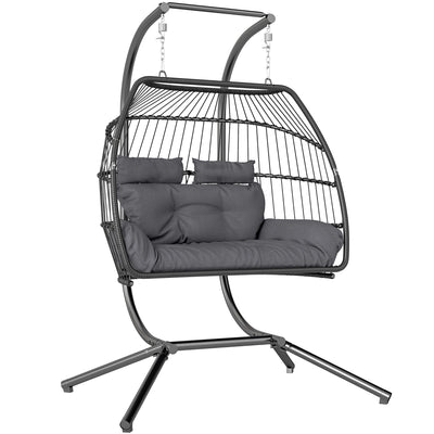Outsunny Rattan Double Hanging Egg Chair with Stand, Foldable Wicker Swing Egg Chair with Cushion, Head Pillows, Steel Frame, Hammock Chair for Indoor Outdoor, Capacity 260 kg, Dark Grey 