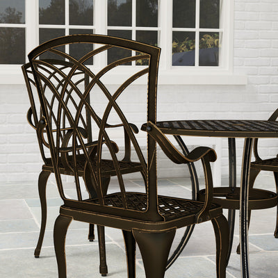 Outsunny 5 Pieces Garden Dining Set for 4, Cast Aluminium Outdoor Dining Set with 4 Armchairs and Round Dining Table with Parasol Hole, Garden Furniture Set, Bronze Tone 