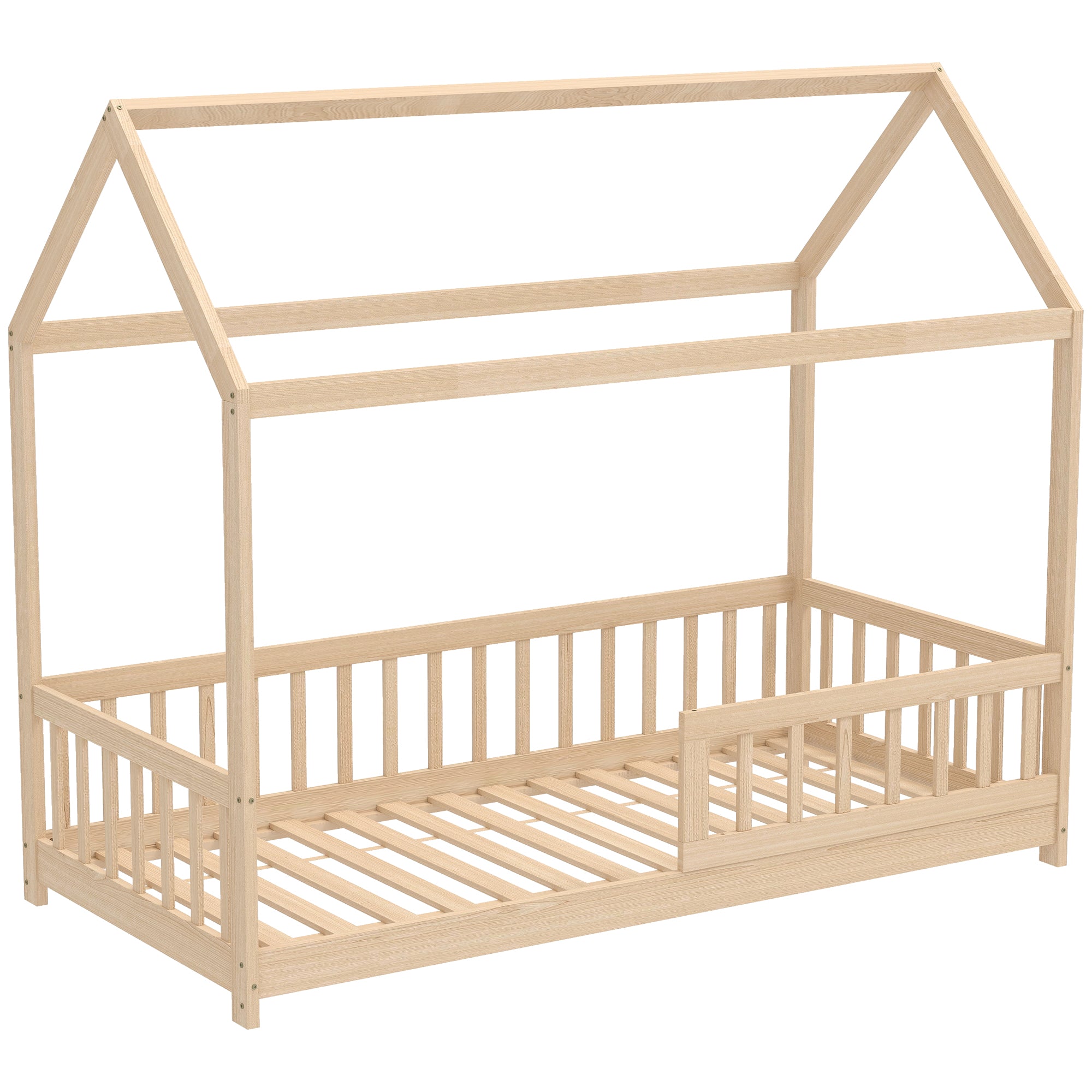 HOMCOM House-Shaped Kids Bed Frame with Guard Rails, Solid Pine Wood Single Bed Frame for Kids Boys and Girls, Natural 