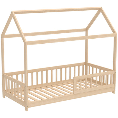 HOMCOM House-Shaped Kids Bed Frame with Guard Rails, Solid Pine Wood Single Bed Frame for Kids Boys and Girls, Natural 
