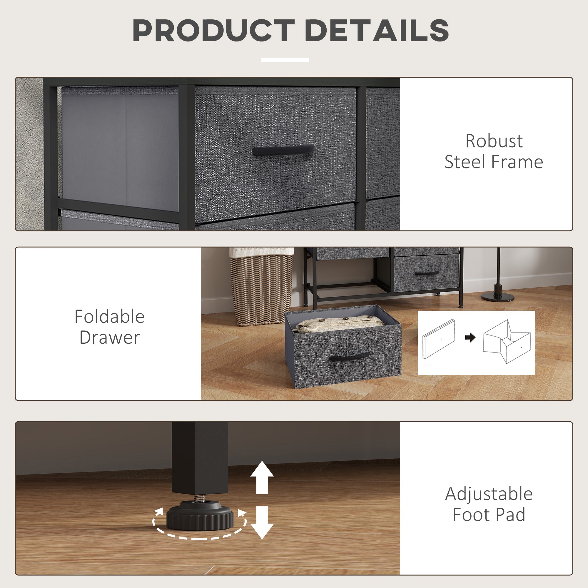 HOMCOM Fabric Chest of Drawers, Storage Drawers, Industrial Bedroom Dresser with 8 Fabric Drawers, Steel Frame and Wooden Top for Nursery, Living Room, Hallway, Black 