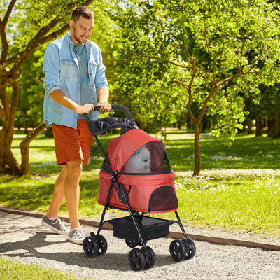 PawHut Dog Pram Dog Stroller Foldable Pet Pushchair with 4 Wheels, Safety Leashes, Cup Holder for Small Dogs, Red 