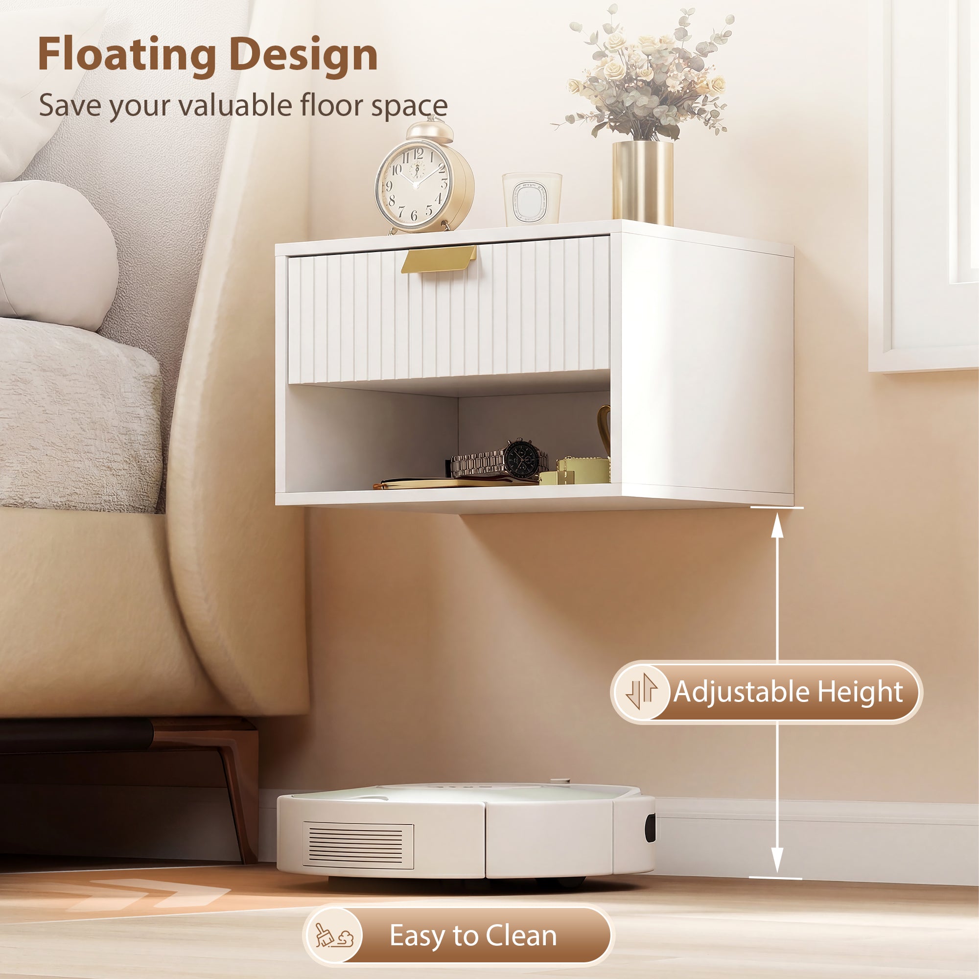 HOMCOM Set of 2 Wall Mounted Nightstands, Floating Bedside Tables with Fluted Drawer and Open Shelf for Small Bedroom, White 