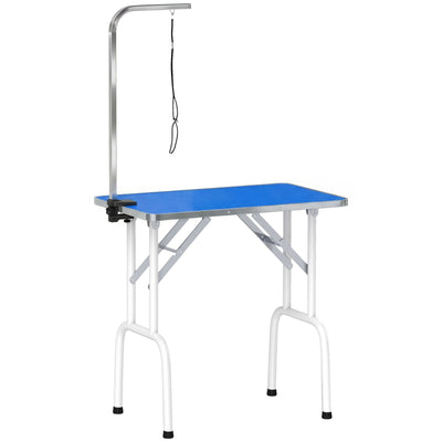 PawHut 32" Foldable Dog Grooming Table Pet Drying Beauty Table Adjustable Fixed Arm Rubber Top, Blue 
