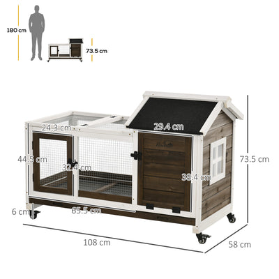 PawHut Wooden Rabbit Hutch, Guinea Pig Cage, with Removable Tray, Wheels - Brown 