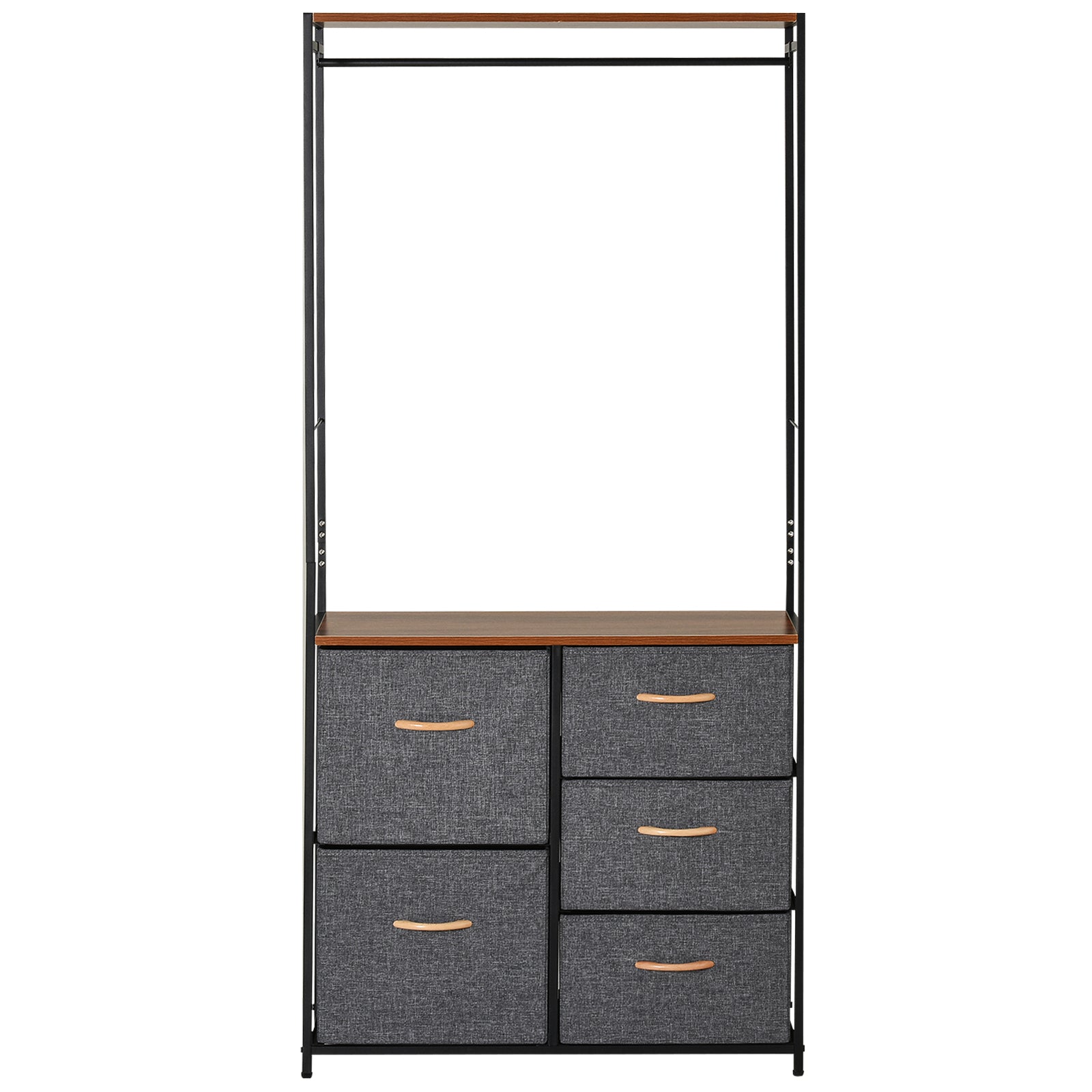 HOMCOM Chest of Drawers with Coat rack Steel Frame 5 Drawers  Bedroom Hallway Home Furniture Black Brown 