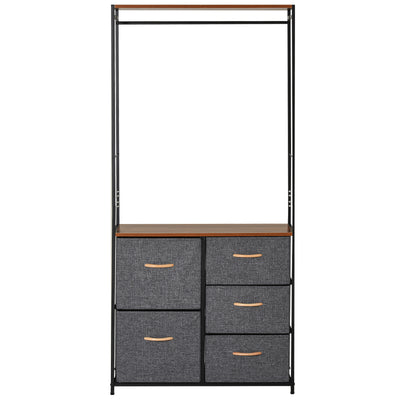 HOMCOM Chest of Drawers with Coat rack Steel Frame 5 Drawers  Bedroom Hallway Home Furniture Black Brown 