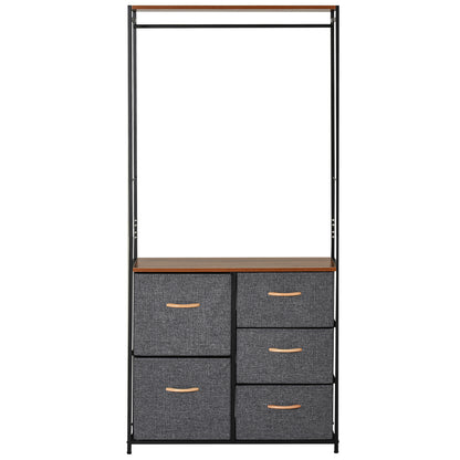 HOMCOM Chest of Drawers with Coat rack Steel Frame 5 Drawers  Bedroom Hallway Home Furniture Black Brown 