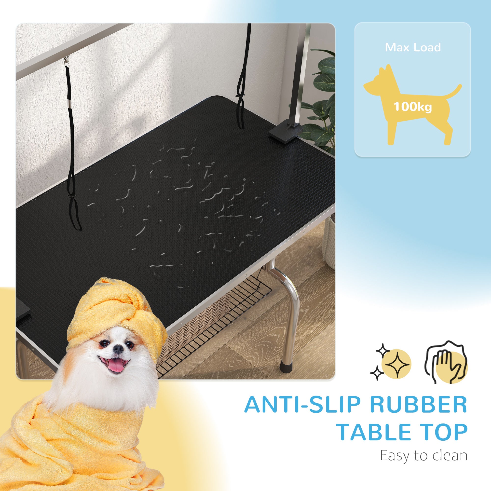 PawHut 42" Dog Grooming Table, Adjustable Pet Cat Drying Beauty Table with 2 Loops Storage Basket, Rubber Top, Black 