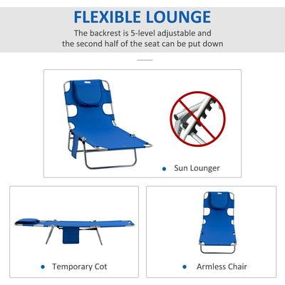 Outsunny 2 Pieces Foldable Sun Lounger with Reading Hole, Portable Sun Lounger with 5 Level Adjustable Backrest, Reclining Lounge Chair with Side Pocket, Headrest Pillow, Blue 