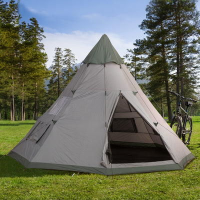 Outsunny 6 Men Tipi Tent with Carry Bag - Grey 