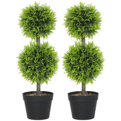 HOMCOM Set of 2 Decorative Artificial Plants, 60cm Faux Topiary Cypress Ball Trees with Plastic Pot and Pebbles, Fake Plants for Home Office Decor, Green 