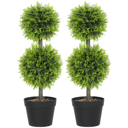HOMCOM Set of 2 Decorative Artificial Plants, 60cm Faux Topiary Cypress Ball Trees with Plastic Pot and Pebbles, Fake Plants for Home Office Decor, Green