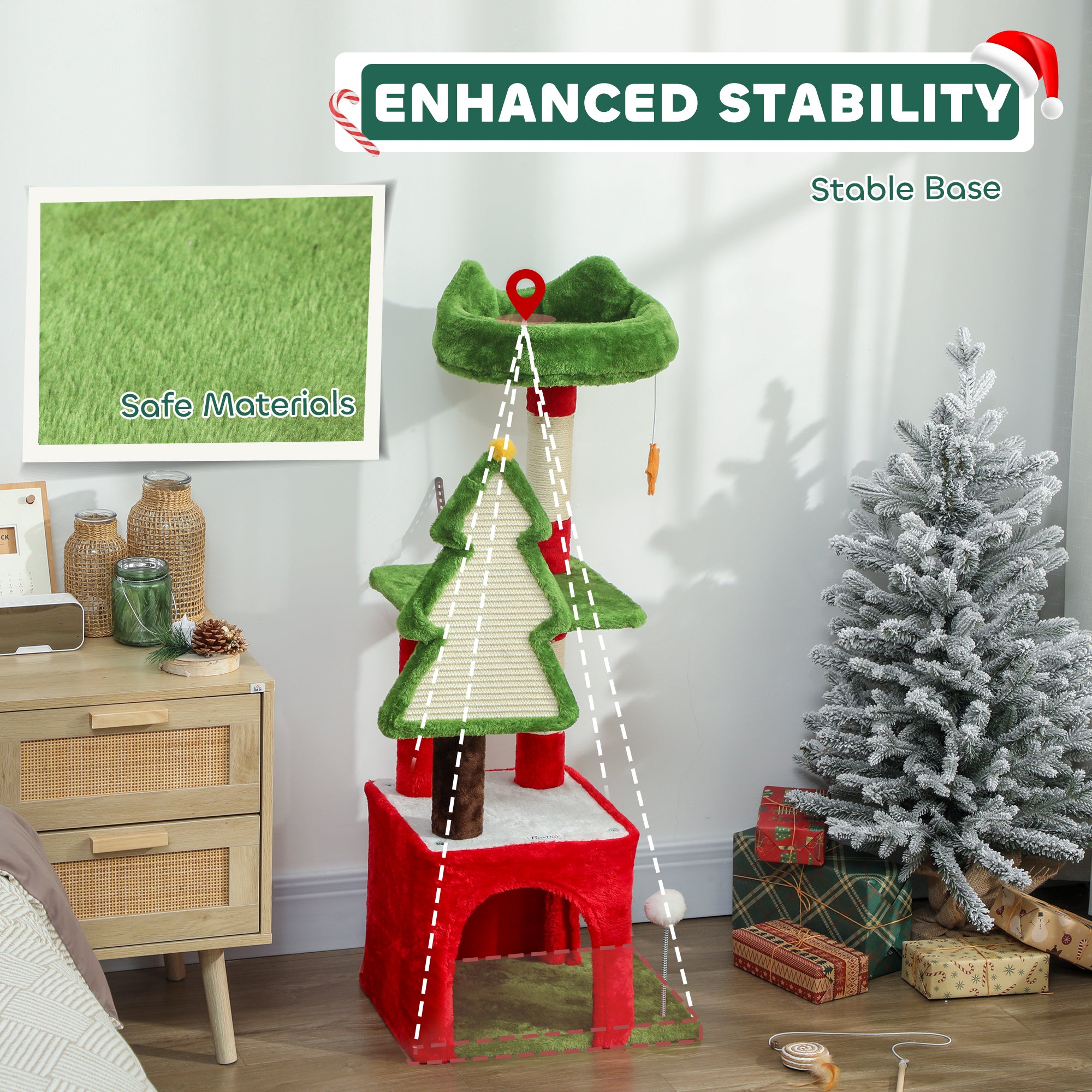 PawHut Christmas Cat Tree, 120cm Cat Tower with Scratching Post & Board, Platform, Toys, Green 
