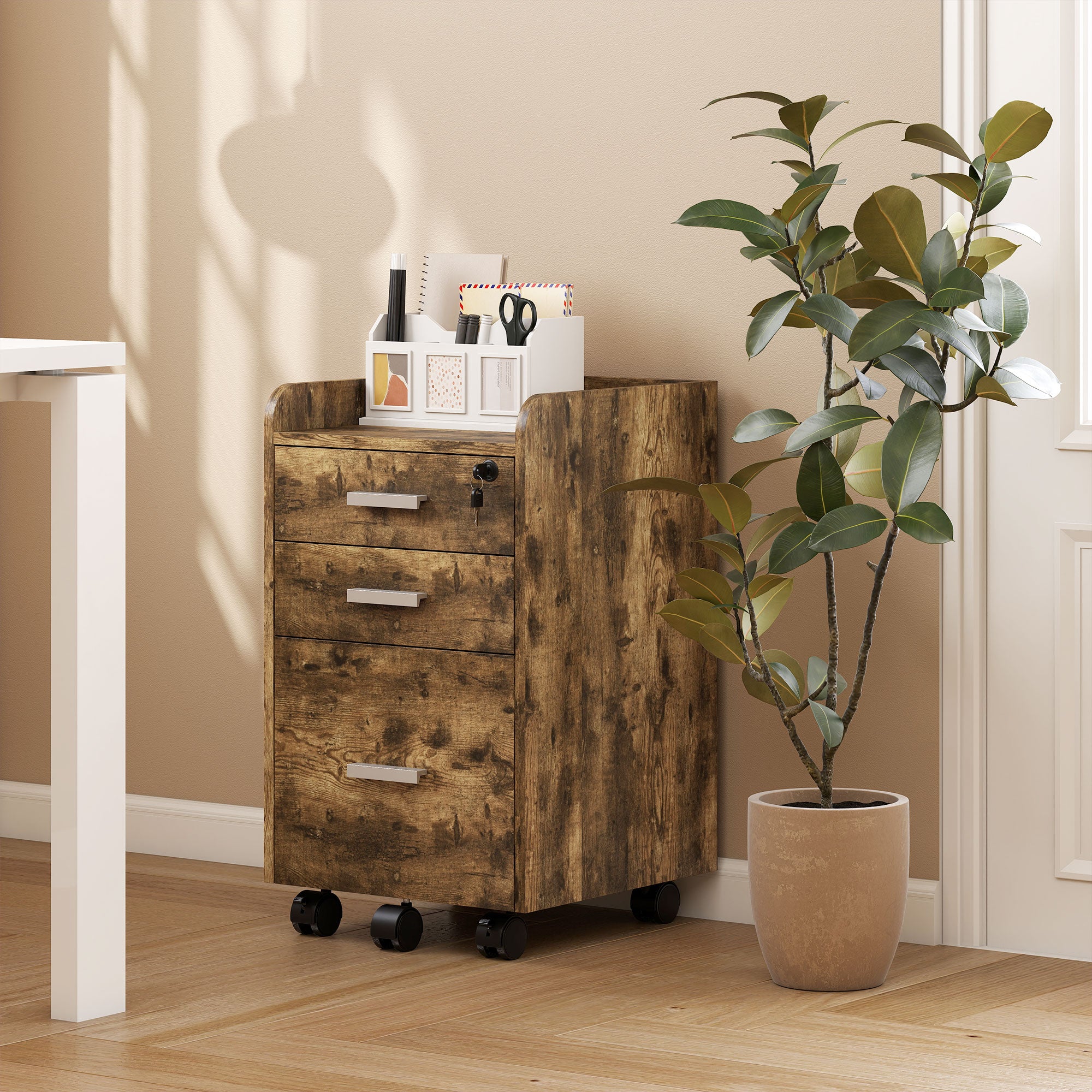HOMCOM 3 Drawer Filing Cabinet with Lock, Rolling File Cabinet with Edged Top for Letter, A4 Size, Hanging File Folders 