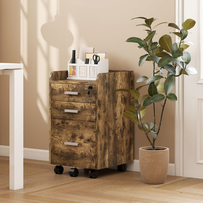 HOMCOM 3 Drawer Filing Cabinet with Lock, Rolling File Cabinet with Edged Top for Letter, A4 Size, Hanging File Folders 