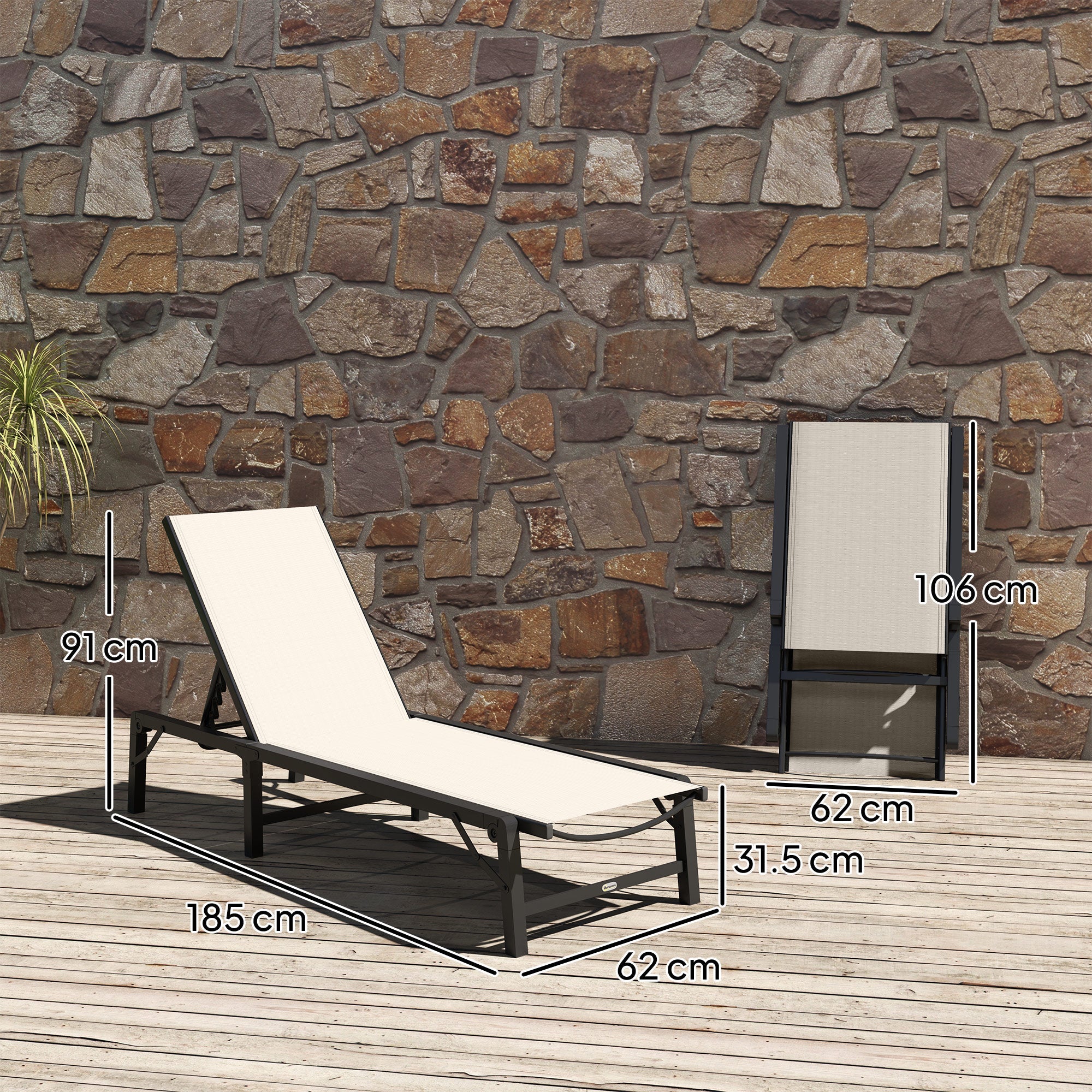 Outsunny Folding Sun Lounger, 5-Position Adjustable Garden Chaise Lounge Sunbed, Steel Frame Reclining Chair for Beach, Porch, Patio, Camping, Khaki 