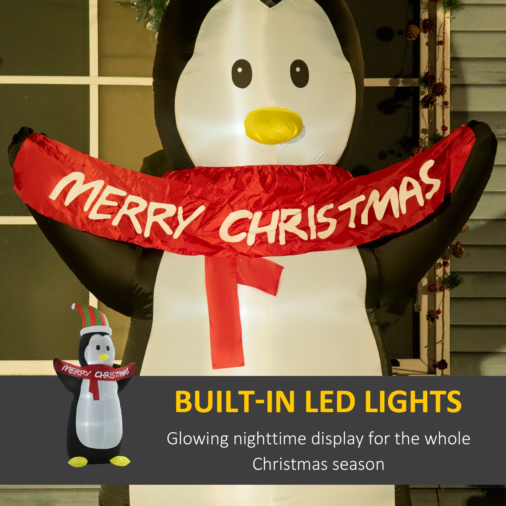 HOMCOM 8ft Inflatable Penguin & Christmas Banner Decoration w/ Inner LED Lights Indoor Outdoor Weather-Resistant Shell Fun Cute 