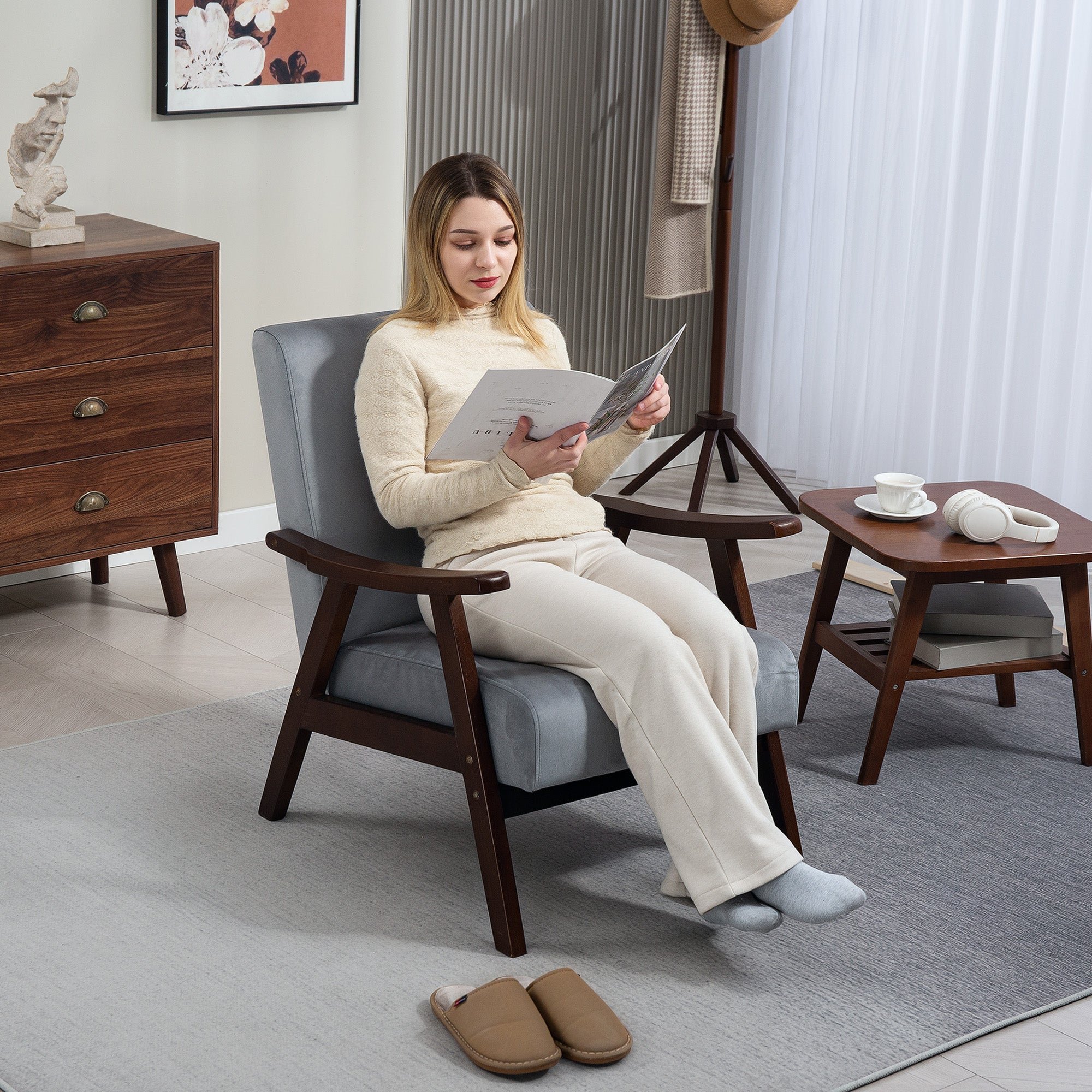 HOMCOM Nordic Accent Chair, Upholstered Velvet Armchair with Solid Wood Frame and Soft Thick Padded for Living Room, Bedroom, Grey 