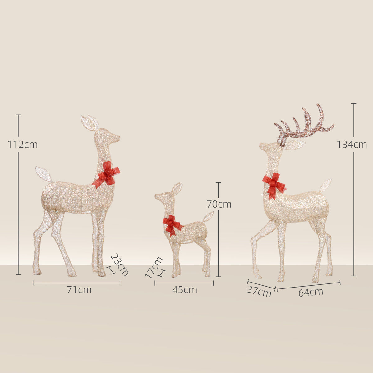 Outsunny Lighted Reindeer Christmas Decorations Outdoor, 3-Piece Light Up Deer Family Set of 3 with 283 LED Lights for Indoor, Lawn, Garden, Gold Tone 