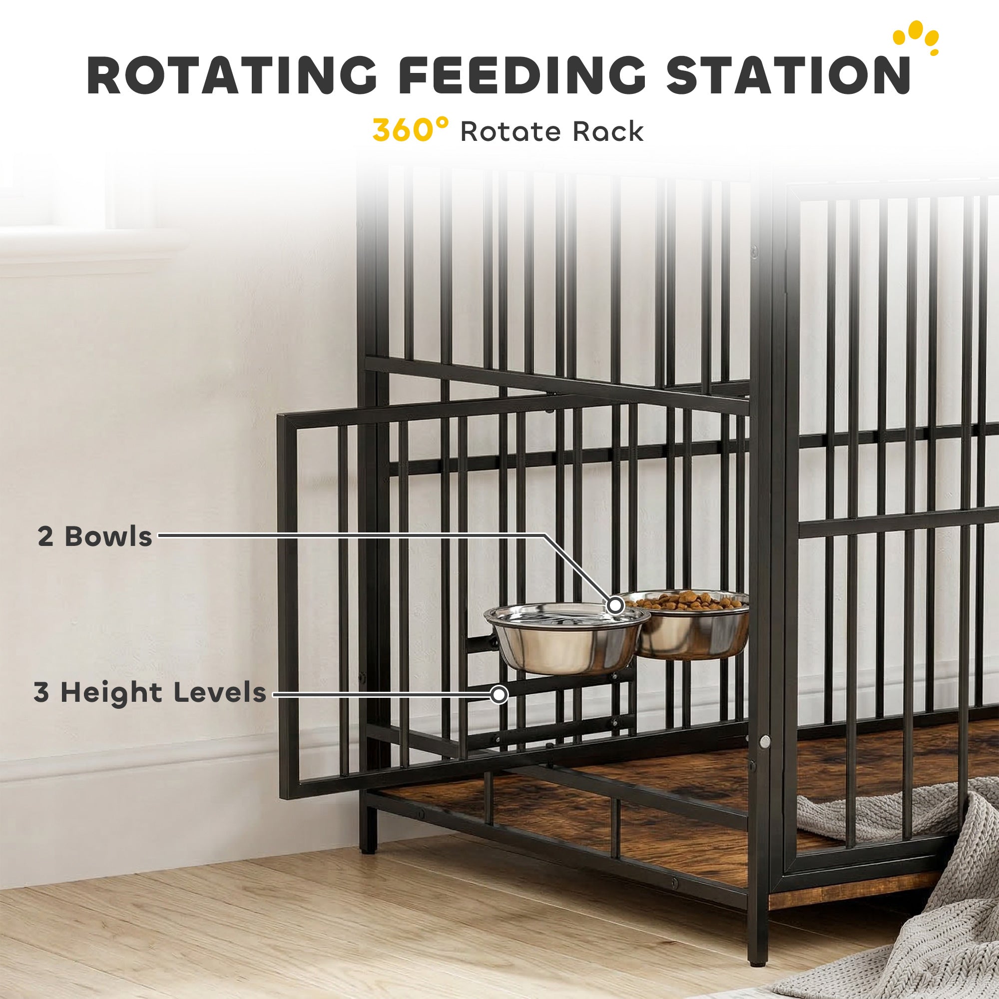 PawHut Dog Crate Furniture, Dog Cage with Rotatable Feeding Station and Storage Shelves, End Side Table Indoor Pet Kenne 
