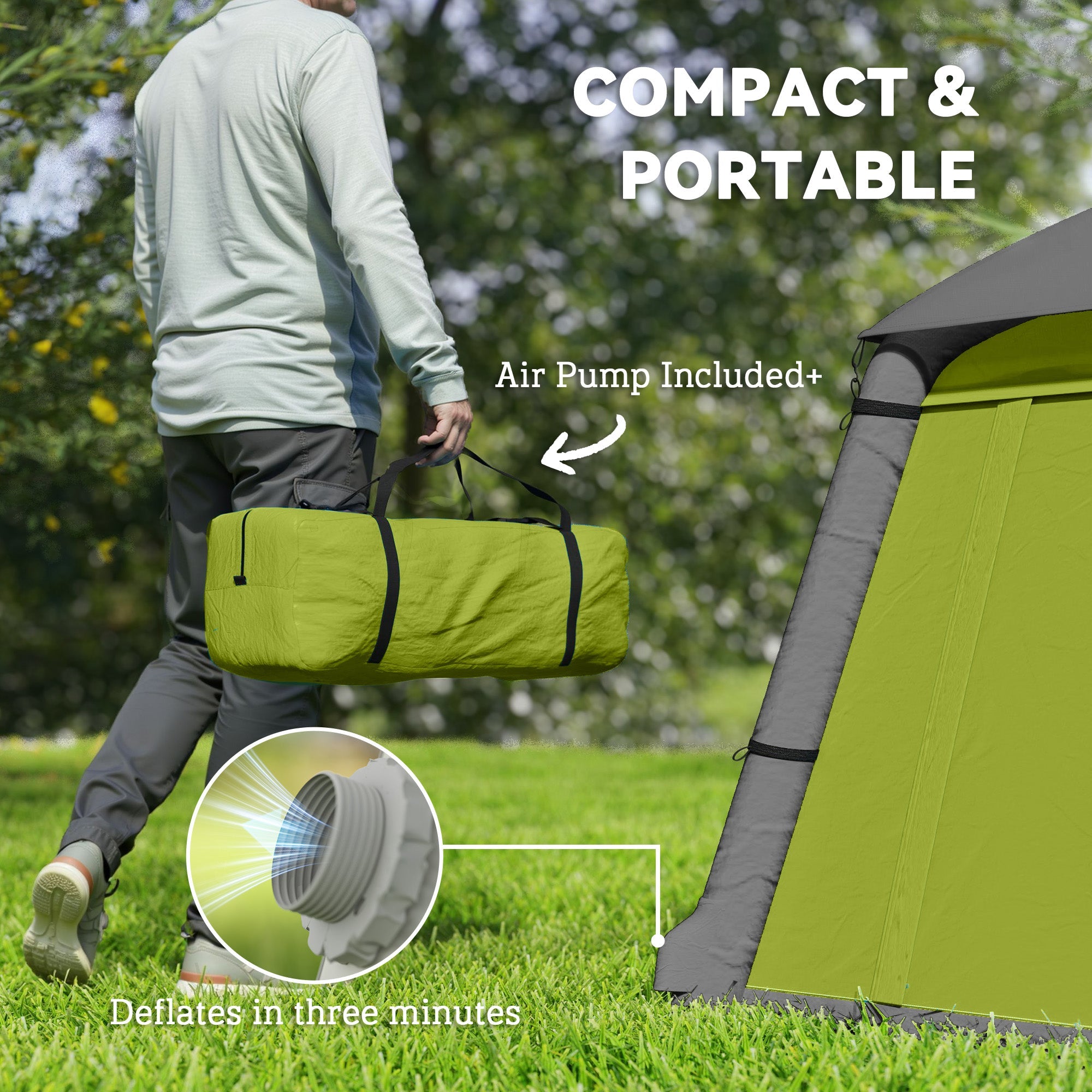Outsunny Inflatable Camping Tent w/ Hand Pump, Easy Setup 1/2 Person Blow Up Tent Waterproof 190T Taffeta w/ Mesh Windows, Doors and Carry Bag, Green 