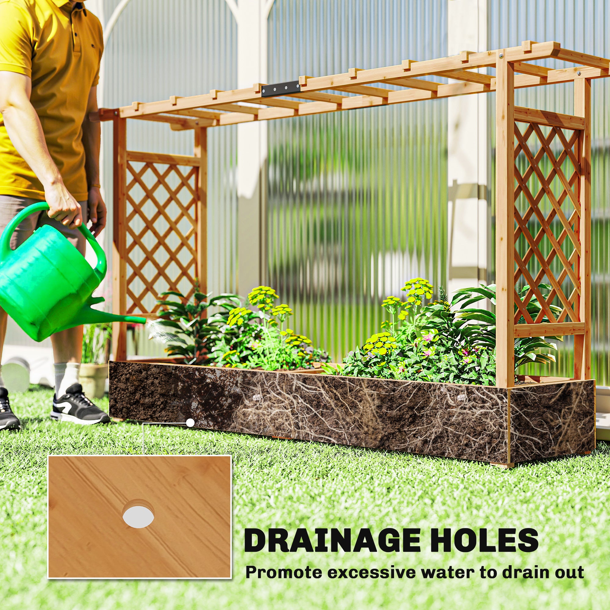 Outsunny Raised Planter with Trellis, Wooden Raised Bed for Garden with Hanging Roof and Drainage Holes, Outdoor Planter Box 
