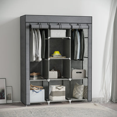 HOMCOM Fabric Wardrobe, Portable Wardrobe, Clothes Storage Unit with 8 Shelves, 2 Hanging Rods, 125 x 43 x 162.5 cm, Dark Grey 