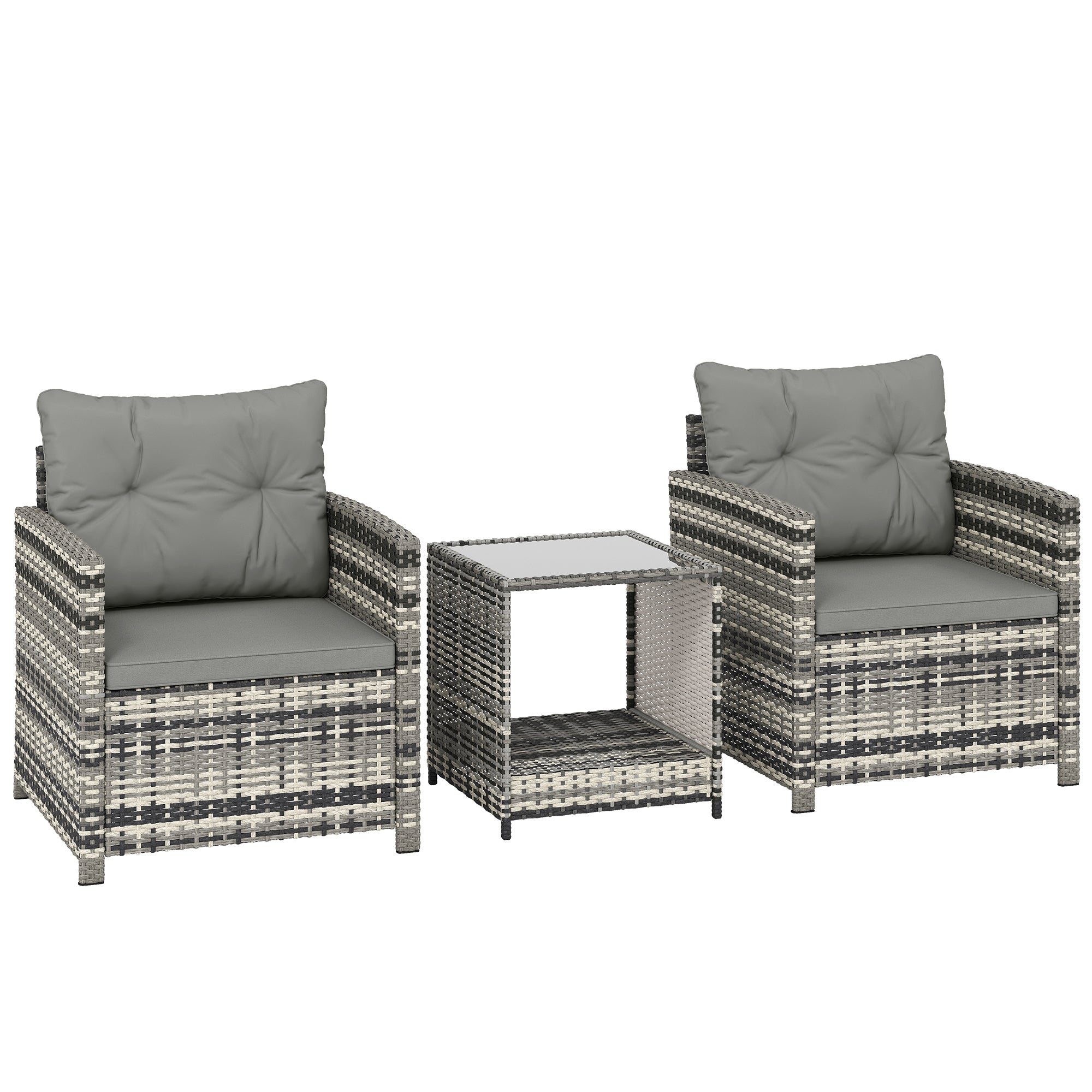Outsunny Rattan Bistro Set, 3 Piece Garden Furniture Set with 2 Tier Glass Top Table and Cushions, Mixed Grey 