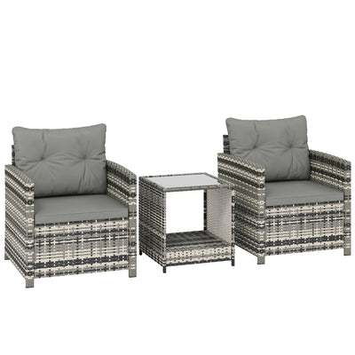 Outsunny Rattan Bistro Set, 3 Piece Garden Furniture Set with 2 Tier Glass Top Table and Cushions, Mixed Grey 