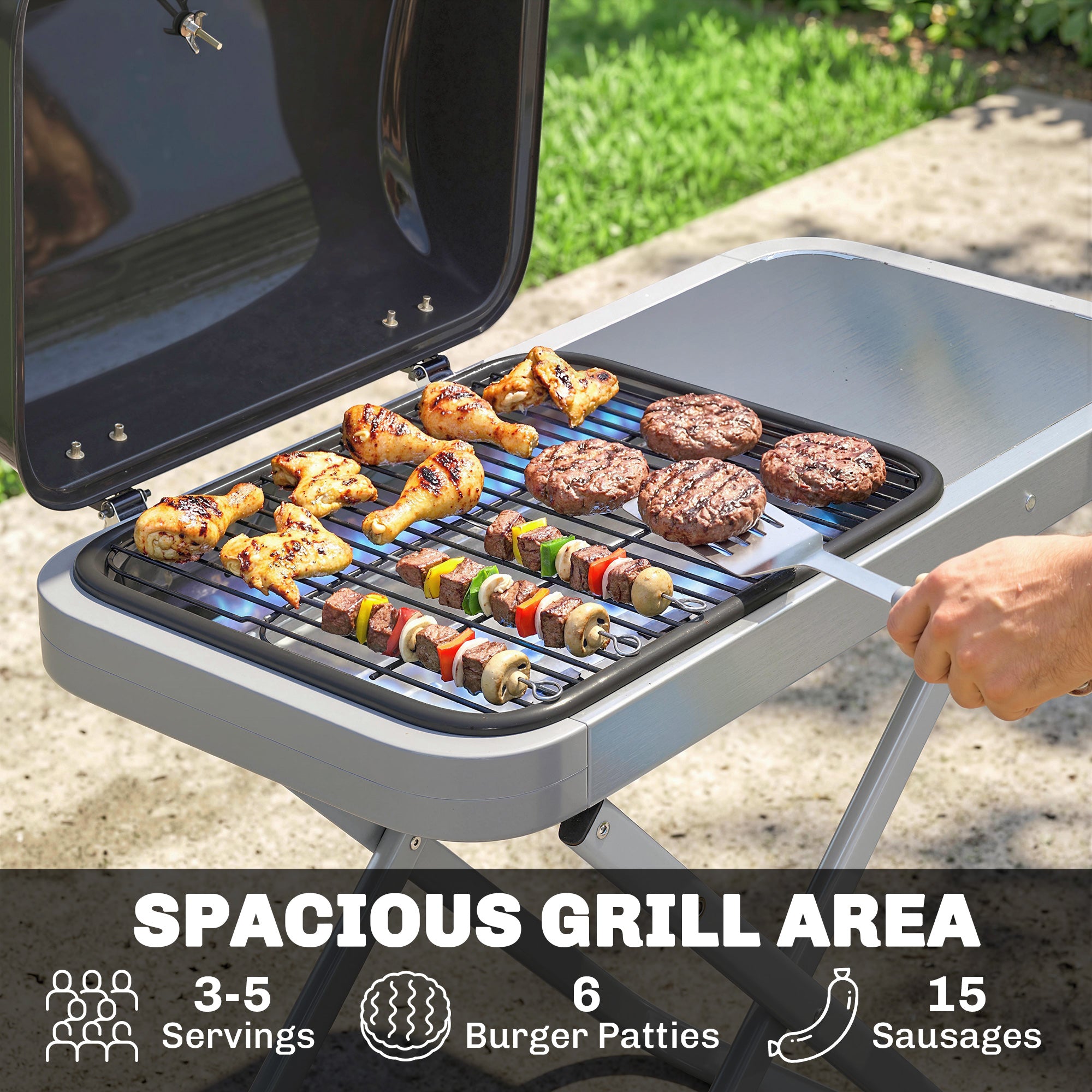 Outsunny Foldable Gas BBQ Grill with Side Table, Portable Gas Barbecue Grill with Thermometer, Grease Box, Wheels, 2.5 kW, Black 