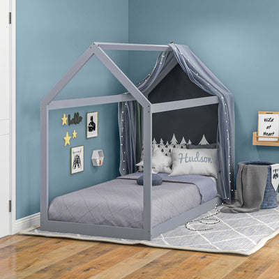 HOMCOM Single Bed Frame, House Scandinavian Style Wooden Bed Frame for 90W x 190Dcm Mattress, Pine Wood Bed Base, Grey 