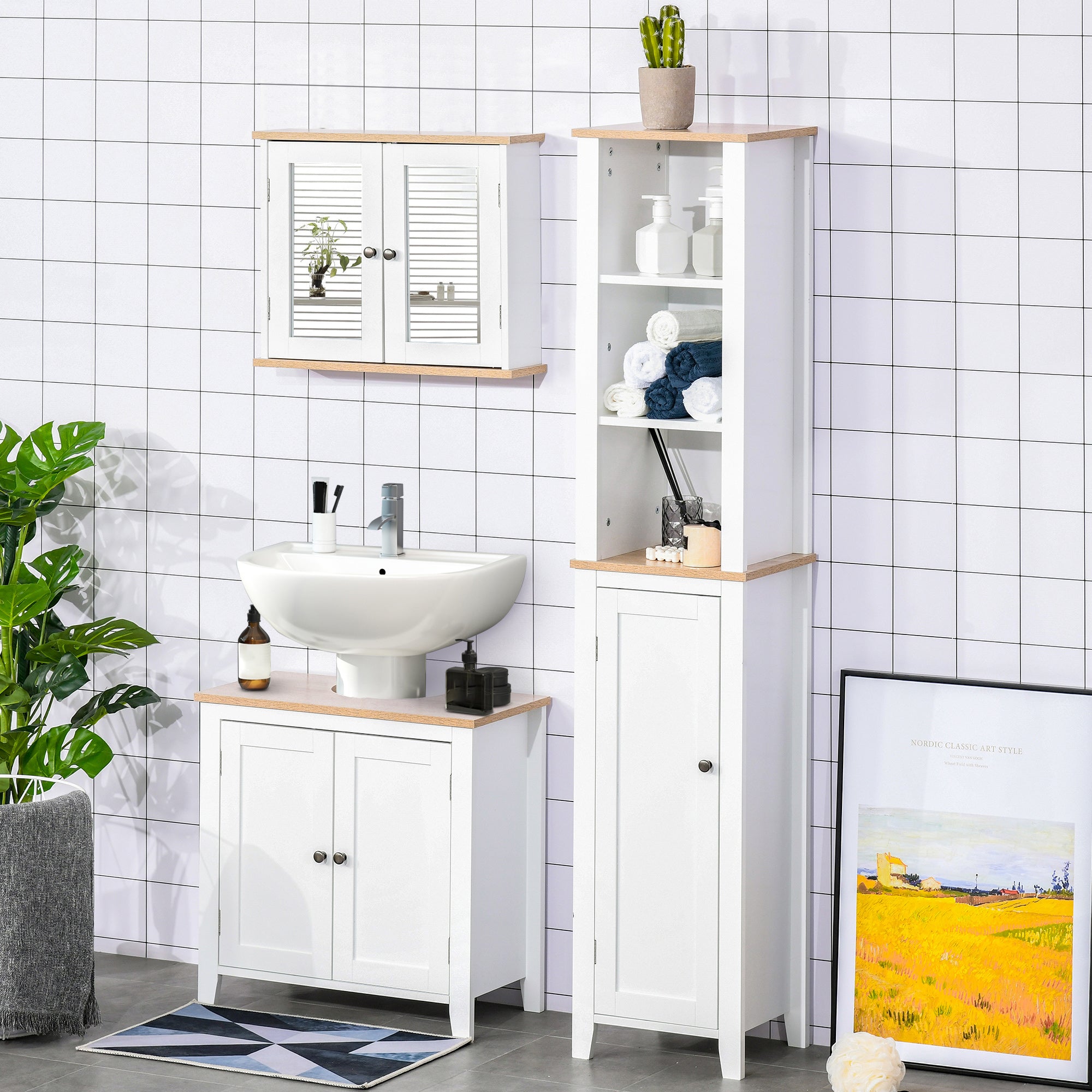 kleankin Bathroom Mirror Cabinet Wall Mounted Storage Cupboard with Double Door and Adjustable Shelf, White 