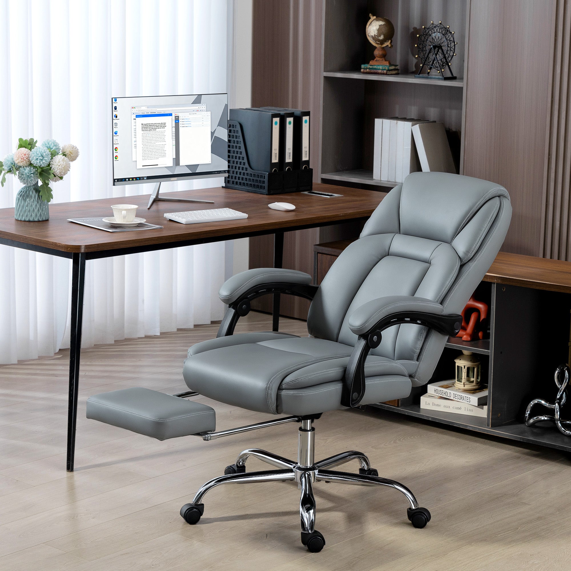 HOMCOM Faux Leather Reclining Office Chair, with Footrest - Grey 
