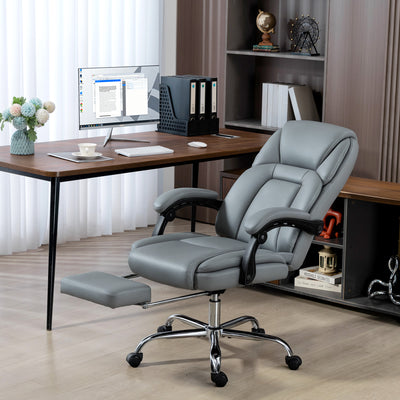 HOMCOM Faux Leather Reclining Office Chair, with Footrest - Grey 
