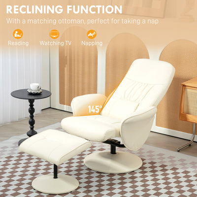 HOMCOM Swivel Recliner Chair with Footstool, PU Leather Armchair and Ottoman with High Back and Round Base for Living Room, Cream White 