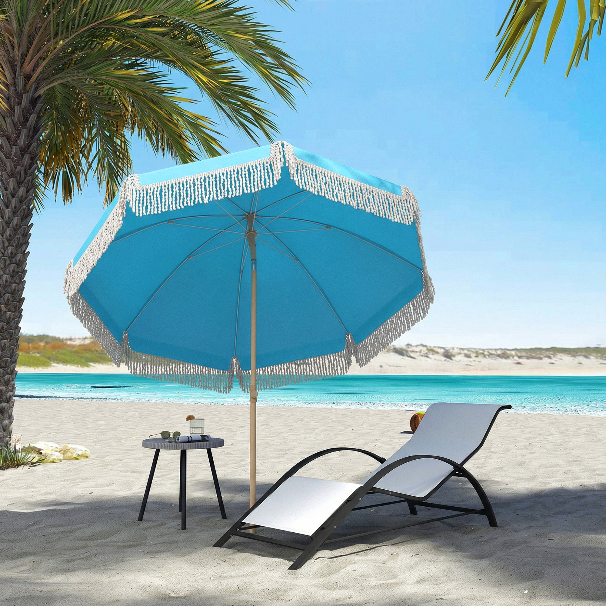 Outsunny 1.7 m Beach Umbrella with Sand Anchor, 30° Tilting Fringed Beach Garden Parasol with Adjustable Height, Grey 
