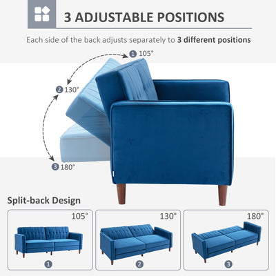 HOMCOM Velvet-Feel Three-Seater Sofa Bed - Blue 