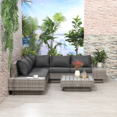 Outsunny 4 PCs Rattan Garden Furniture Outdoor Sectional Corner Sofa and Coffee Table Set  Conservatory Wicker Weave Furniture with Armrest and Cushions - Light Grey 