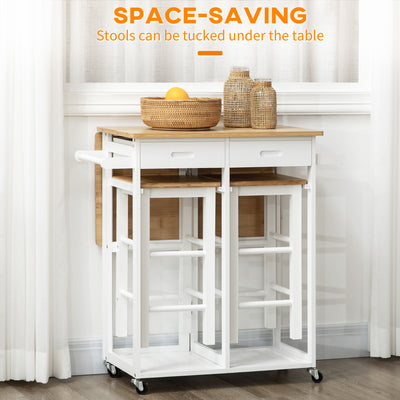 HOMCOM Kitchen Island Set with 2 Stools, Bamboo Breakfast Cart with Drop Leaf Top, Drawers and Towel Rack, Rolling Kitchen Cart and Chairs Set, White 