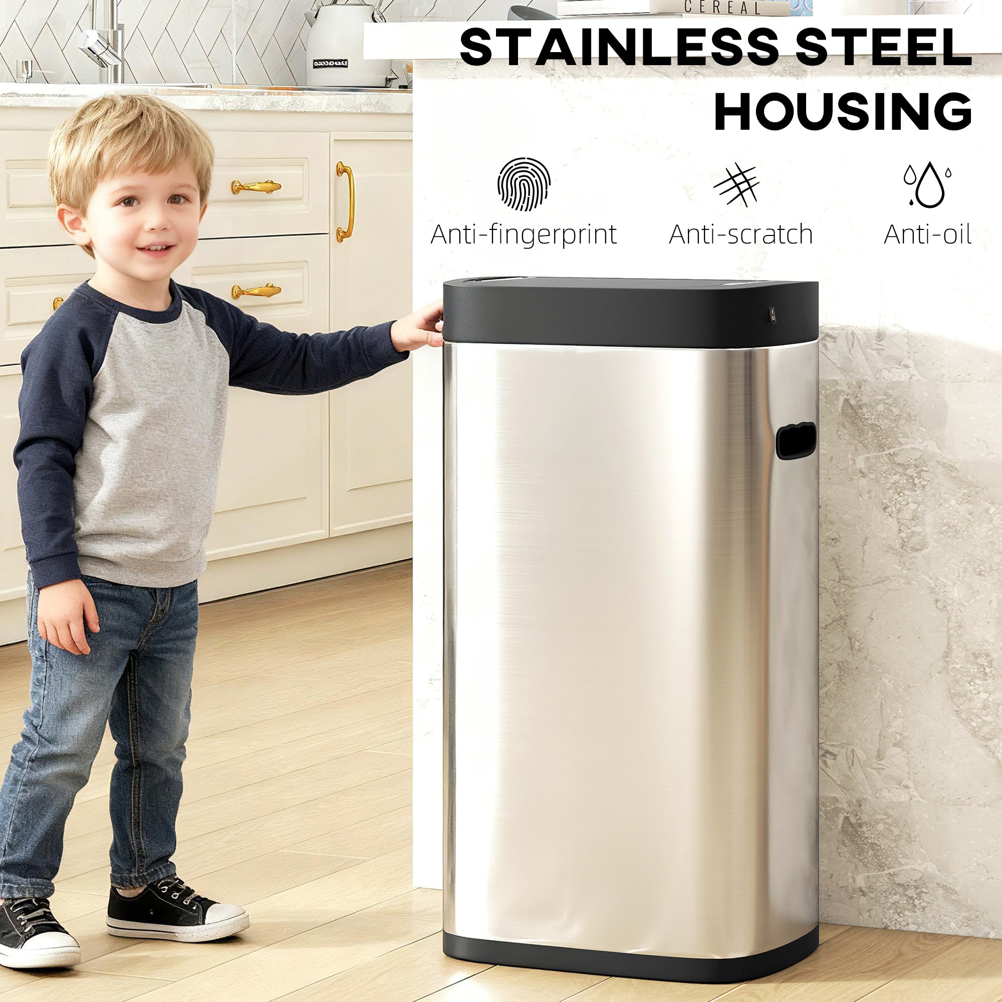 HOMCOM 50L Sensor Bin, Automatic Kitchen Bin, Manual Override, Battery Operated, Inner-Bucket-Free, for Kitchen, Bedroom 