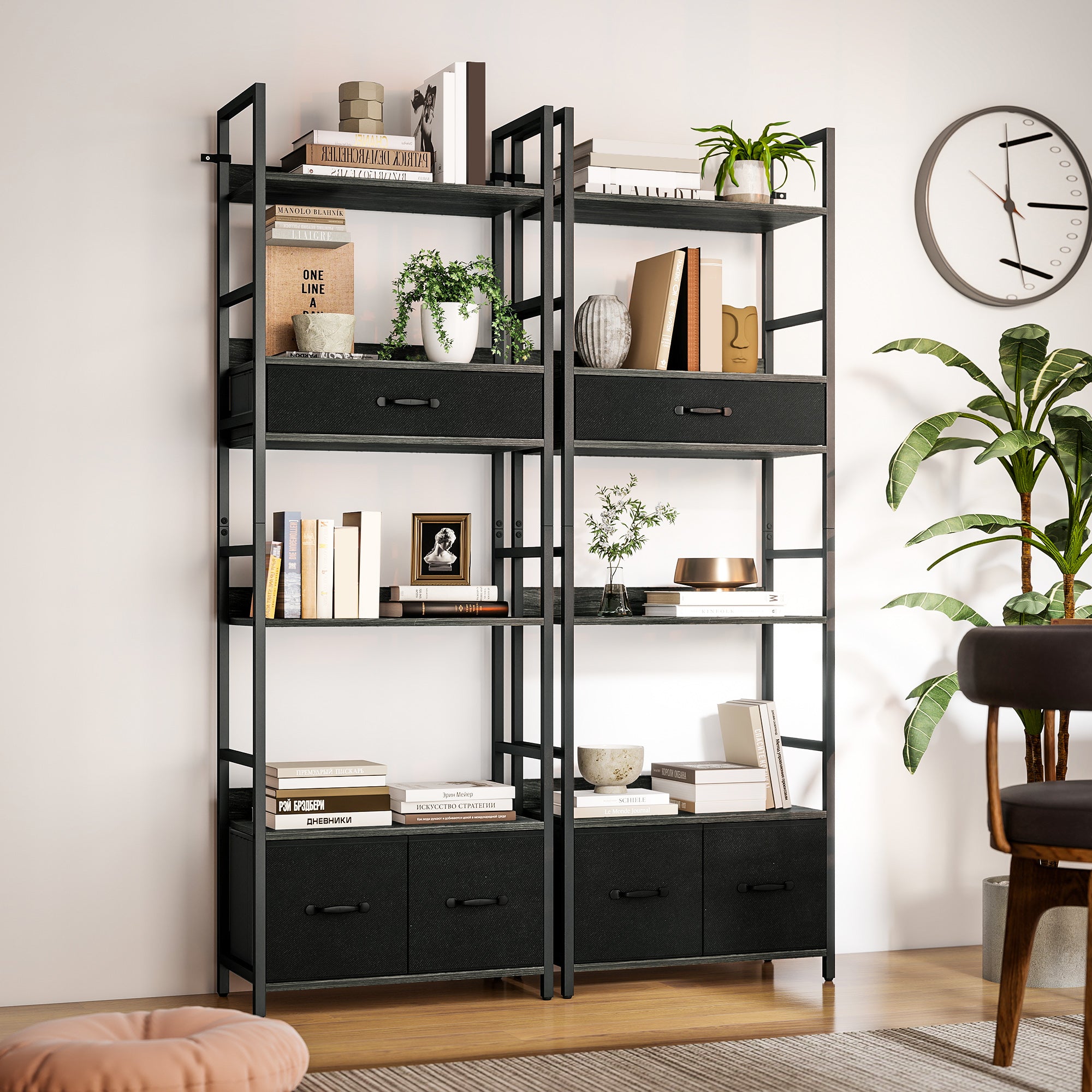 HOMCOM Industrial Style Bookcase, with 4 Shelves and 3 Fabric Drawers - Grey/Black 