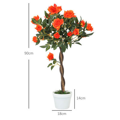 Outsunny Set of 2 Artificial Plants White Rose Floral in Pot, Fake Plants for Home Indoor Outdoor Decor, 90cm, Orange 