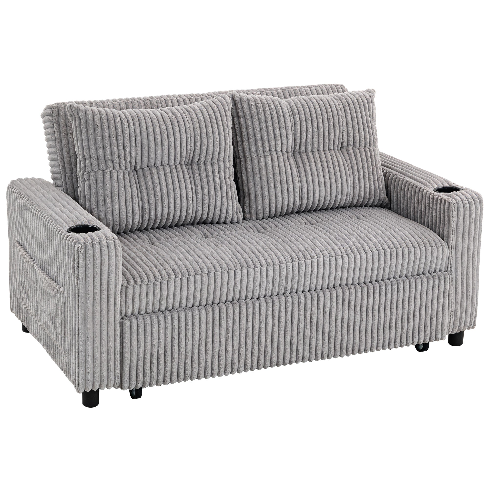 HOMCOM 2 Seater Click Clack Sofa Bed with Pull Out Design, Corduroy Upholstery - Light Grey 