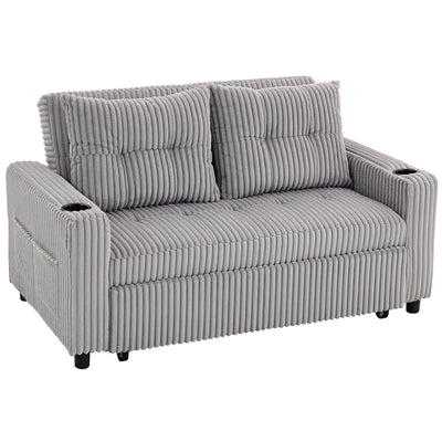 HOMCOM 2 Seater Click Clack Sofa Bed with Pull Out Design, Corduroy Upholstery - Light Grey 