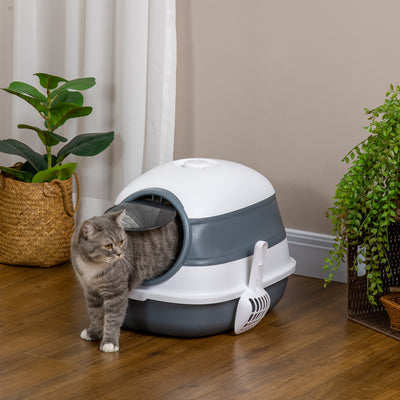 PawHut Foldable Cat Litter Tray with Lid, Deodorant, Scoop, White 