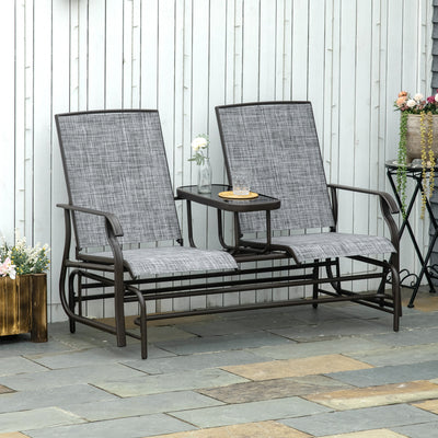 Outsunny 2 Seats Garden Glider Bench, Metal Frame Loveseat with Glass Top  Centre Table, Porch Rocking Glider for 2 Person, for Deck, Patio, Brown/ Grey 