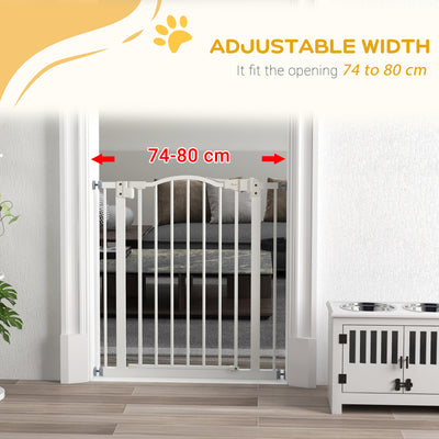 PawHut Metal 74-80cm Adjustable Pet Gate Safety Barrier w/ Auto-Close Door White 