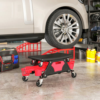 HOMCOM Rolling Mechanic Stool, 135kg Capacity Workshop Stool with 360° Swivel Wheels, Roller Creeper Seat with Slide Out Tool Trays, Drawer, Bottle Holders for Garage, Shop, Auto Repair, Red 